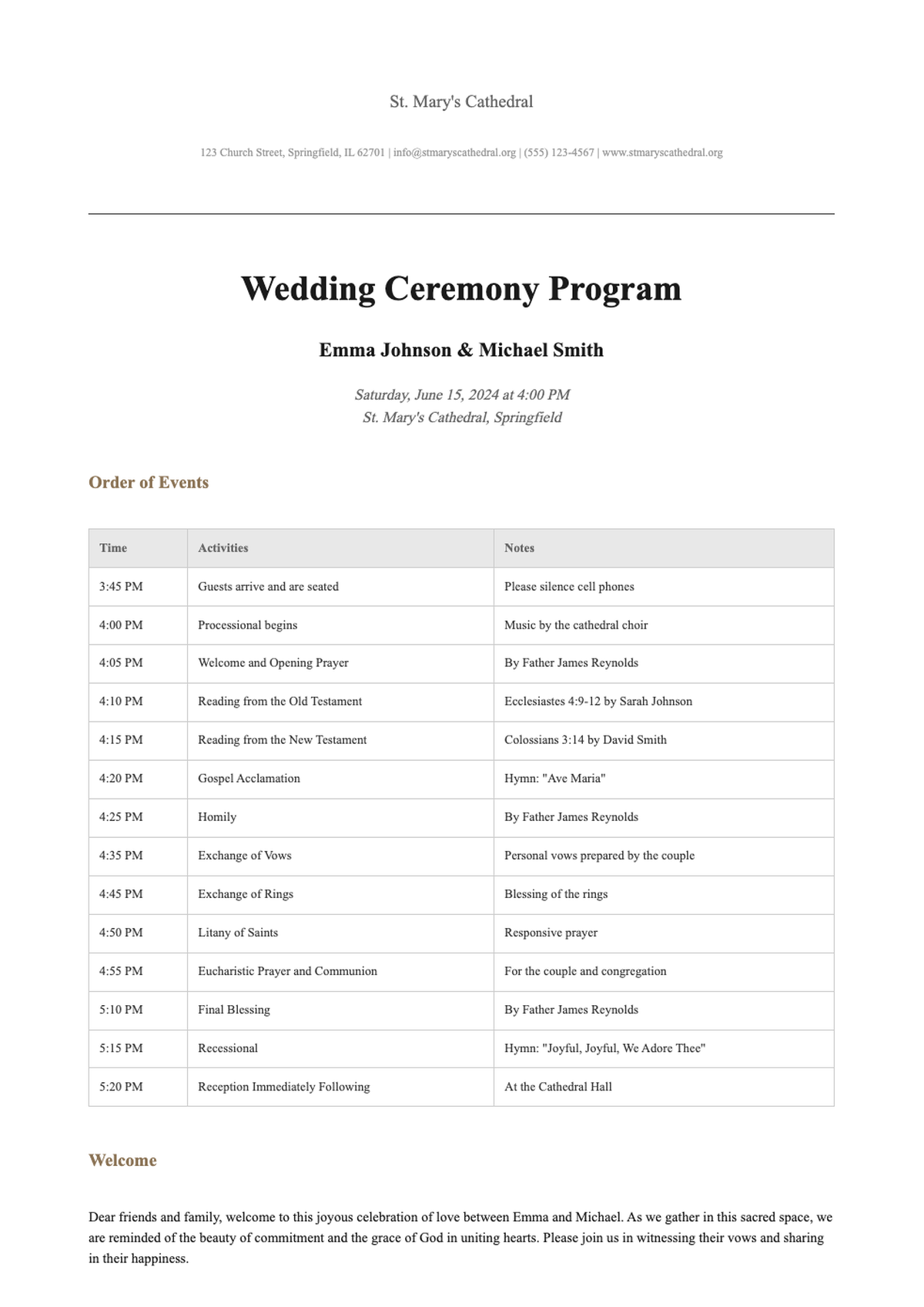 Printable church wedding ceremony program template with order of events table_variant_2